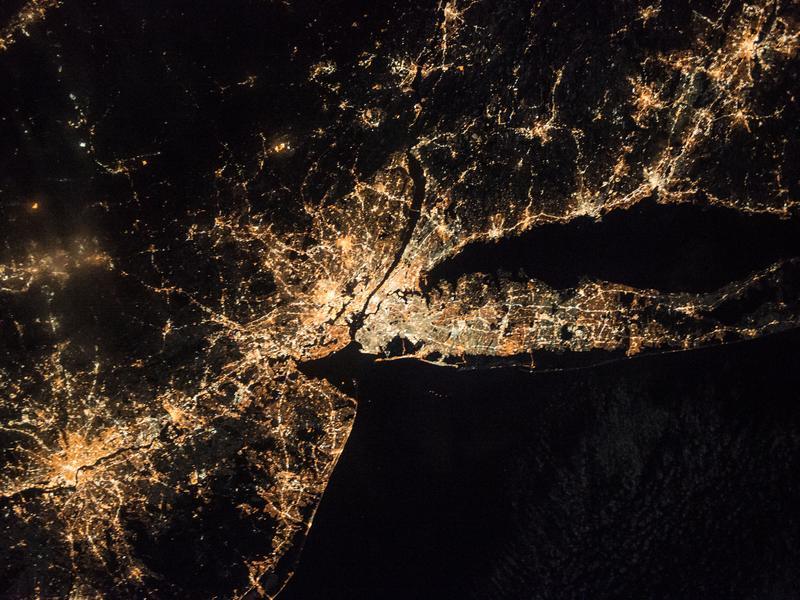 City lights of the northeastern United States at night, photographed from the International Space Station